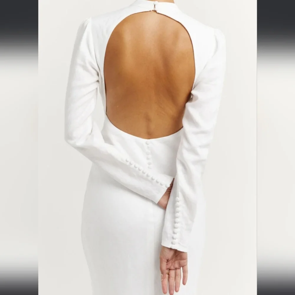 Dissh  Aisle Elegant Linen White Long Sleeve Maxi Dress - Picture 3 of 4